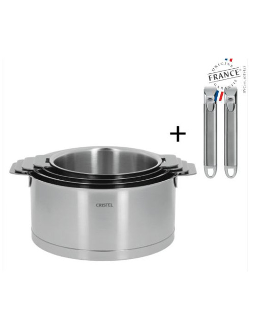Set batterie de 4 casseroles Cristel Strate + 2 poignées Zénith amovible